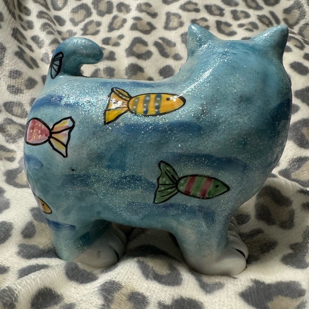 Blue Cat Figurine with Colorful Fish piggy bank missing plug - Picture 2 of 8